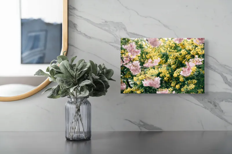 Tablou Canvas, "Flori de primăvară învăluite în lumină", Flori, Roz, Galben, Primăvară, Natură, Blândețe, Viu, Delicat, Înfloresc, Răsfirate, 39 x 26 cm – poza 5