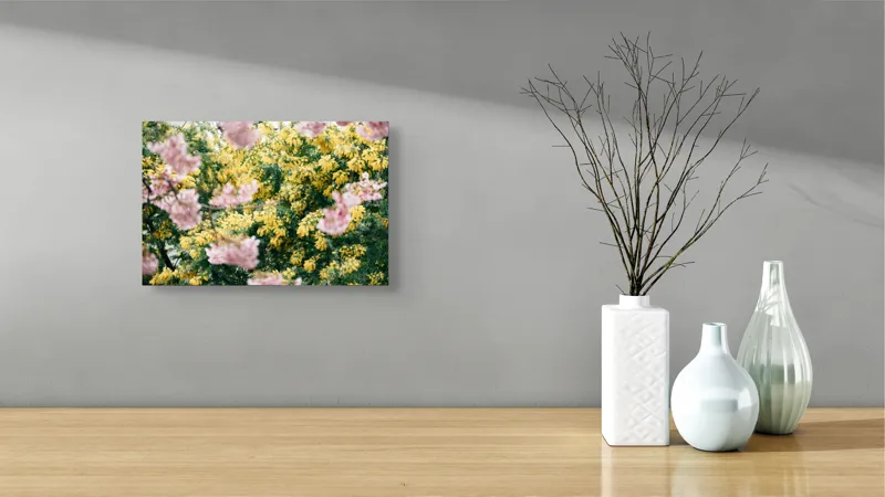 Tablou Canvas, "Flori de primăvară învăluite în lumină", Flori, Roz, Galben, Primăvară, Natură, Blândețe, Viu, Delicat, Înfloresc, Răsfirate, 39 x 26 cm – poza 8