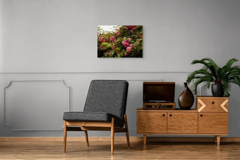 Tablou Canvas, "Grădina cu trandafiri de vară rozalii", Flori, Roz, Frunze, Natură, Ramuri, Grădină, Delicatețe, Abundență, Frumusețe, Viu, Vibrație, Liniște, 70 x 50 cm – poza 4