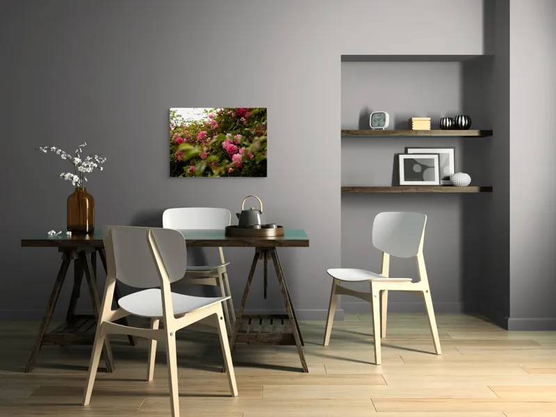 Tablou Canvas, "Grădina cu trandafiri de vară rozalii", Flori, Roz, Frunze, Natură, Ramuri, Grădină, Delicatețe, Abundență, Frumusețe, Viu, Vibrație, Liniște, 70 x 50 cm – poza 5