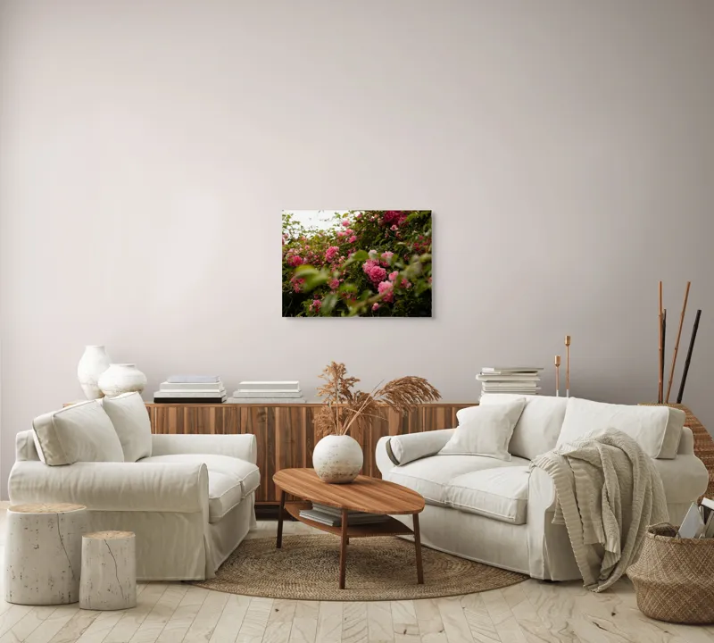 Tablou Canvas, "Grădina cu trandafiri de vară rozalii", Flori, Roz, Frunze, Natură, Ramuri, Grădină, Delicatețe, Abundență, Frumusețe, Viu, Vibrație, Liniște, 70 x 50 cm – poza 6