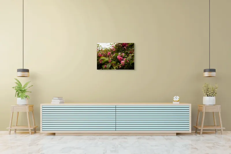 Tablou Canvas, "Grădina cu trandafiri de vară rozalii", Flori, Roz, Frunze, Natură, Ramuri, Grădină, Delicatețe, Abundență, Frumusețe, Viu, Vibrație, Liniște, 70 x 50 cm – poza 7