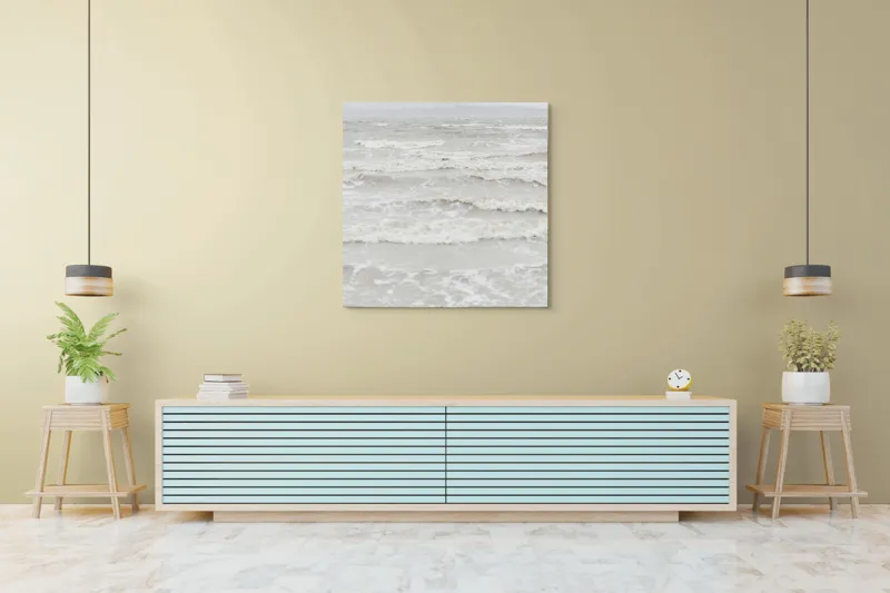 Tablou Canvas, "Valurile mării într-o zi mohorâtă", Valuri, Spumă, Ceață, Orizont, Gri, Apă, Calm, Natură, 100 x 100 cm – poza 5