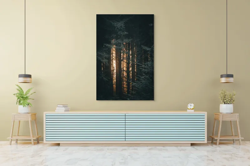 Tablou Canvas, "Răsărit printre brazi umbriți", Întuneric, Mister, Pădure, Lumini, Siluete, Arome, Frunziș, Liniște, Umbre, Reflexie, 100 x 150 cm – poza 4