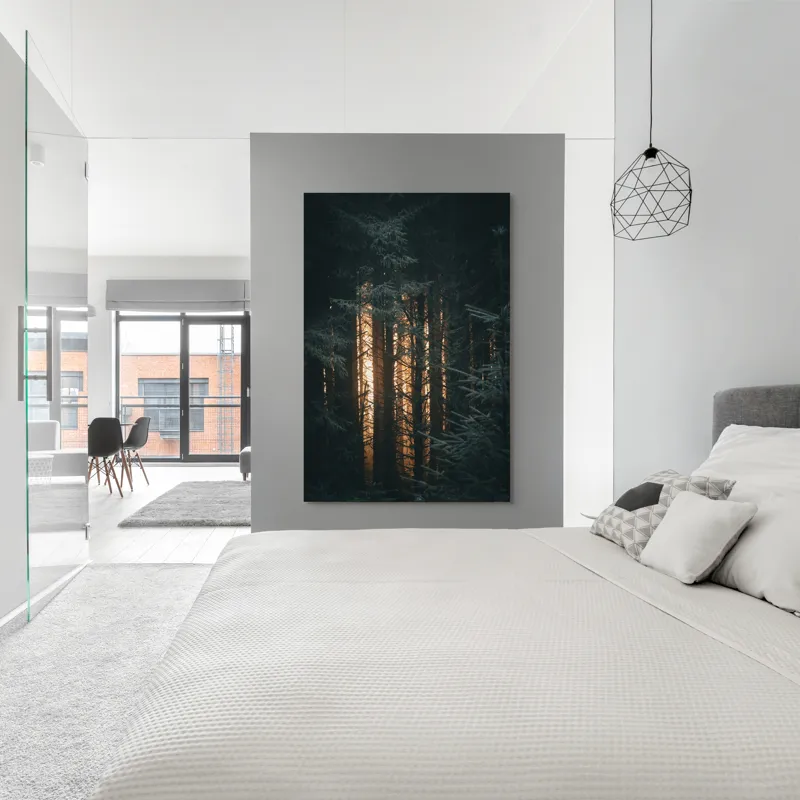 Tablou Canvas, "Răsărit printre brazi umbriți", Întuneric, Mister, Pădure, Lumini, Siluete, Arome, Frunziș, Liniște, Umbre, Reflexie, 100 x 150 cm – poza 5