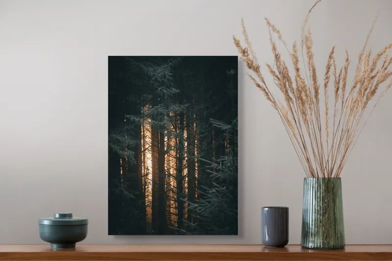 Tablou Canvas, "Răsărit printre brazi umbriți", Întuneric, Mister, Pădure, Lumini, Siluete, Arome, Frunziș, Liniște, Umbre, Reflexie, 39 x 54 cm – poza 3