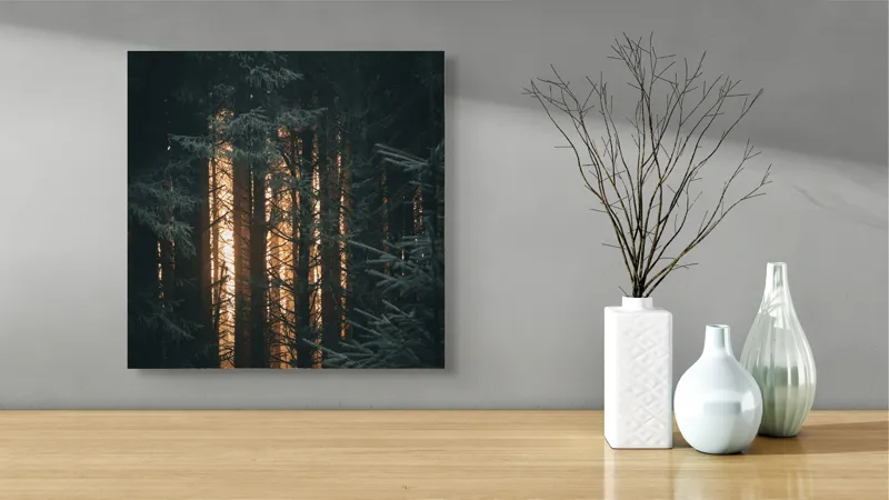 Tablou Canvas, "Răsărit printre brazi umbriți", Întuneric, Mister, Pădure, Lumini, Siluete, Arome, Frunziș, Liniște, Umbre, Reflexie, 50 x 50 cm – poza 3