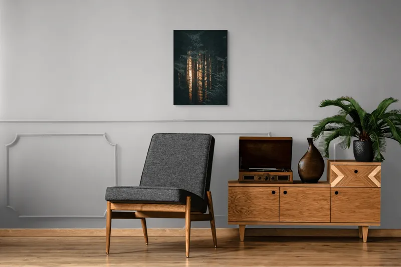 Tablou Canvas, "Răsărit printre brazi umbriți", Întuneric, Mister, Pădure, Lumini, Siluete, Arome, Frunziș, Liniște, Umbre, Reflexie, 50 x 70 cm – poza 8