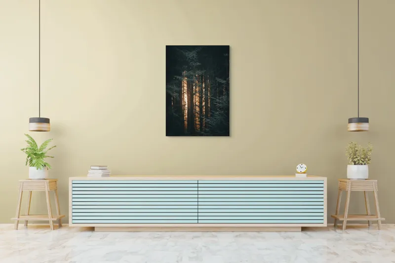 Tablou Canvas, "Răsărit printre brazi umbriți", Întuneric, Mister, Pădure, Lumini, Siluete, Arome, Frunziș, Liniște, Umbre, Reflexie, 70 x 100 cm – poza 5