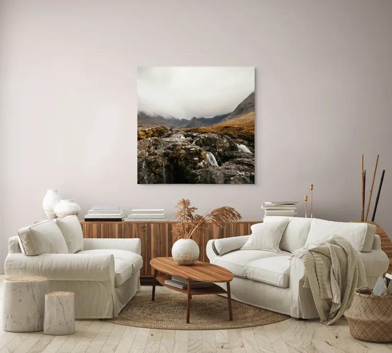 Tablou Canvas, "Văi și Cascade Sub Cer Înourat", Norii, Munți, Apă, Roci, Melancolie, 100 x 100 cm – poza 3