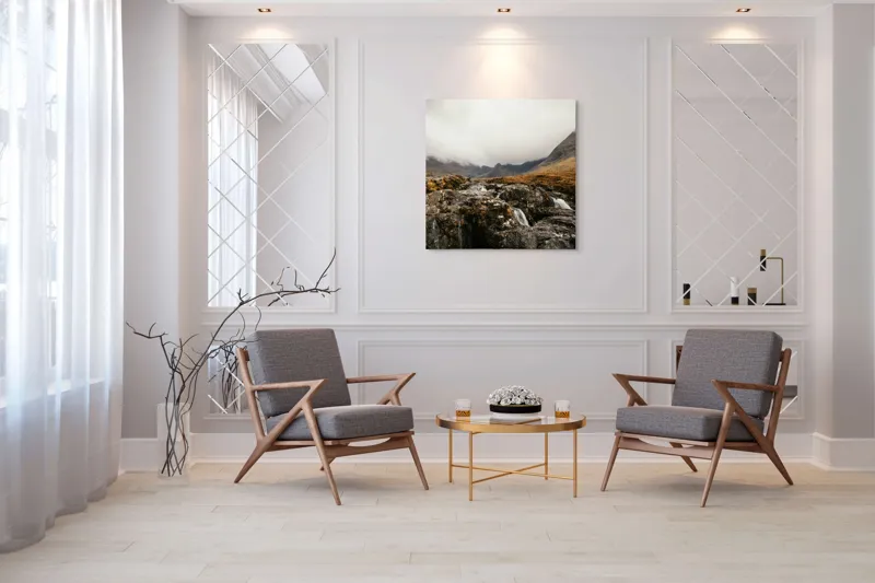 Tablou Canvas, "Văi și Cascade Sub Cer Înourat", Norii, Munți, Apă, Roci, Melancolie, 100 x 100 cm – poza 7