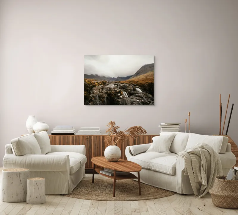 Tablou Canvas, "Văi și Cascade Sub Cer Înourat", Norii, Munți, Apă, Roci, Melancolie, 100 x 70 cm – poza 3