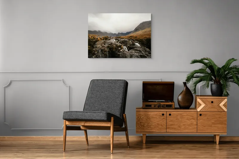 Tablou Canvas, "Văi și Cascade Sub Cer Înourat", Norii, Munți, Apă, Roci, Melancolie, 100 x 70 cm – poza 8