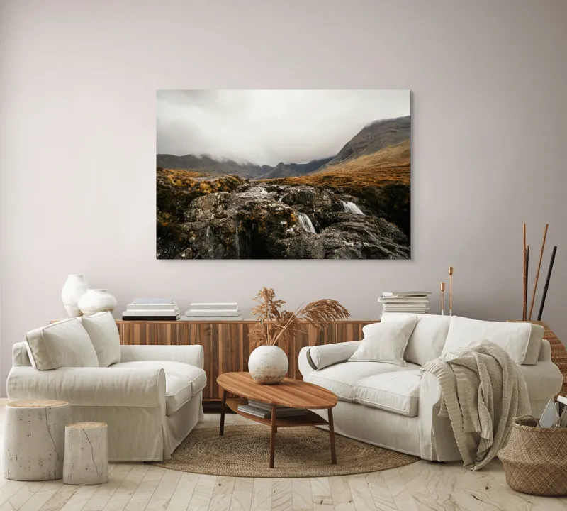 Tablou Canvas, "Văi și Cascade Sub Cer Înourat", Norii, Munți, Apă, Roci, Melancolie, 150 x 100 cm – poza 3
