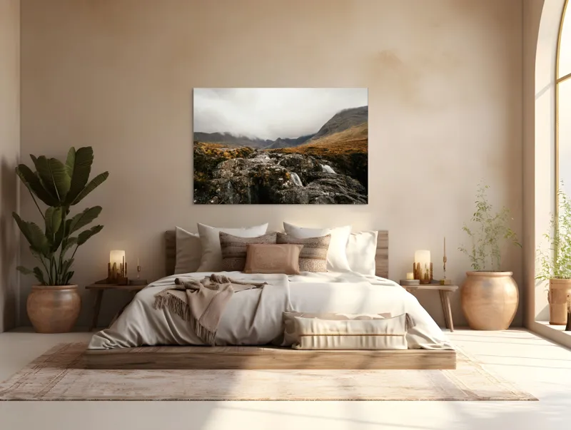 Tablou Canvas, "Văi și Cascade Sub Cer Înourat", Norii, Munți, Apă, Roci, Melancolie, 150 x 100 cm – poza 4