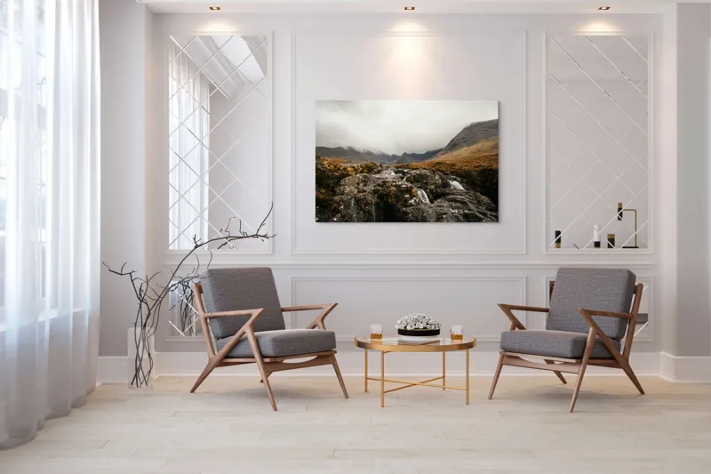 Tablou Canvas, "Văi și Cascade Sub Cer Înourat", Norii, Munți, Apă, Roci, Melancolie, 150 x 100 cm – poza 7