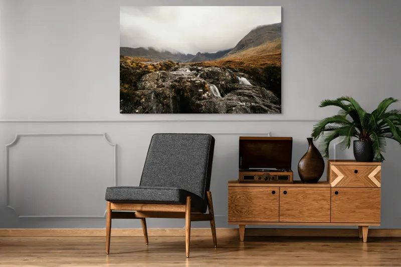 Tablou Canvas, "Văi și Cascade Sub Cer Înourat", Norii, Munți, Apă, Roci, Melancolie, 150 x 100 cm – poza 8