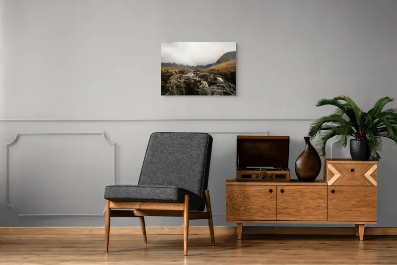 Tablou Canvas, "Văi și Cascade Sub Cer Înourat", Norii, Munți, Apă, Roci, Melancolie, 70 x 50 cm – poza 4