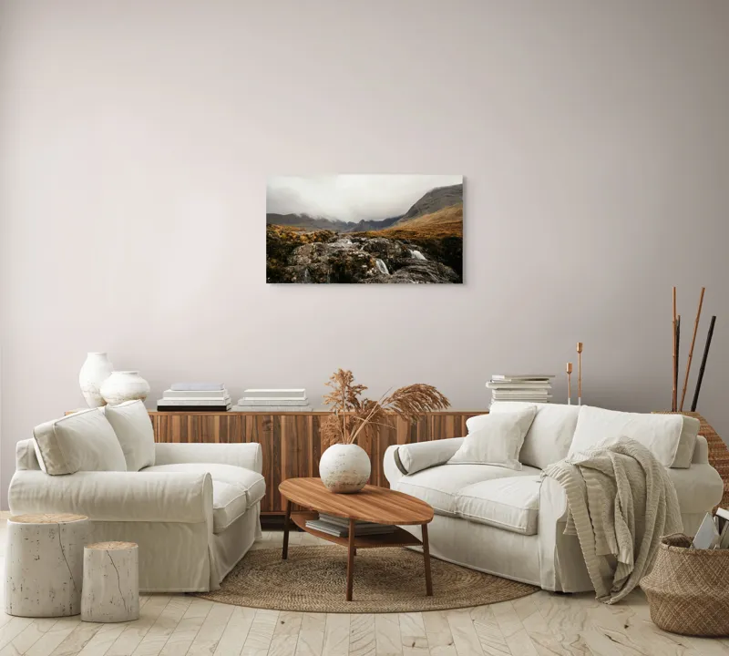Tablou Canvas, "Văi și Cascade Sub Cer Înourat", Norii, Munți, Apă, Roci, Melancolie, 90 x 50 cm – poza 4