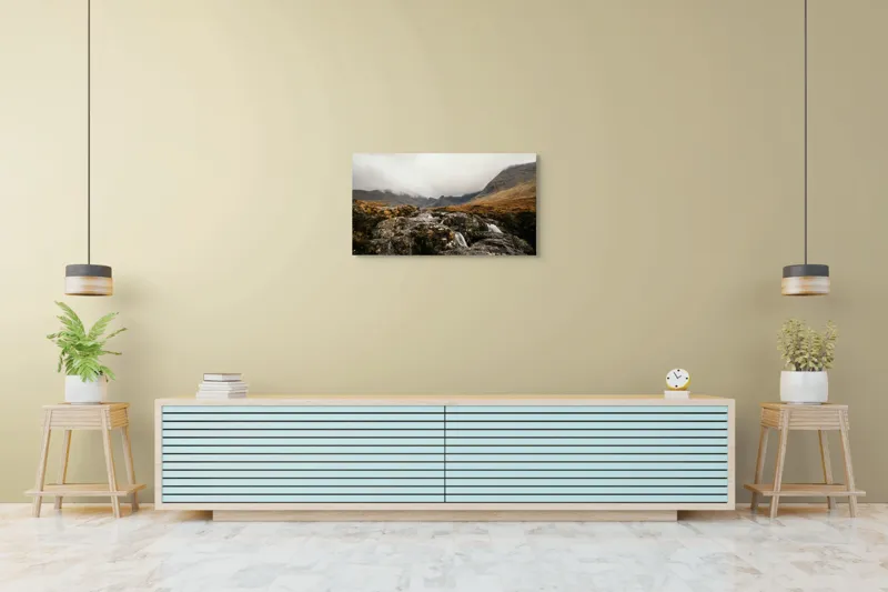 Tablou Canvas, "Văi și Cascade Sub Cer Înourat", Norii, Munți, Apă, Roci, Melancolie, 90 x 50 cm – poza 5