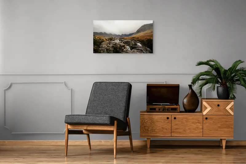 Tablou Canvas, "Văi și Cascade Sub Cer Înourat", Norii, Munți, Apă, Roci, Melancolie, 90 x 50 cm – poza 6