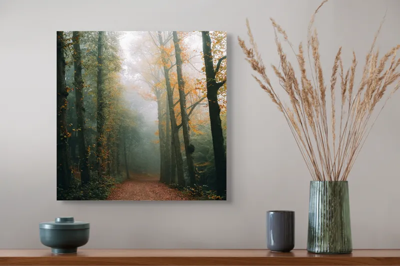 Tablou Canvas, "Cale de toamnă în pădurea ceață", Copaci, Ceață, Frunziș, Tăcere, Pădure, Toamnă, Mister, Potecă, Liniște, Natură, 50 x 50 cm – poza 4