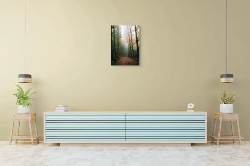 Tablou Canvas, "Cale de toamnă în pădurea ceață", Copaci, Ceață, Frunziș, Tăcere, Pădure, Toamnă, Mister, Potecă, Liniște, Natură, 50 x 70 cm – poza 6