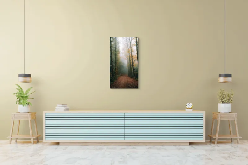 Tablou Canvas, "Cale de toamnă în pădurea ceață", Copaci, Ceață, Frunziș, Tăcere, Pădure, Toamnă, Mister, Potecă, Liniște, Natură, 50 x 90 cm – poza 6