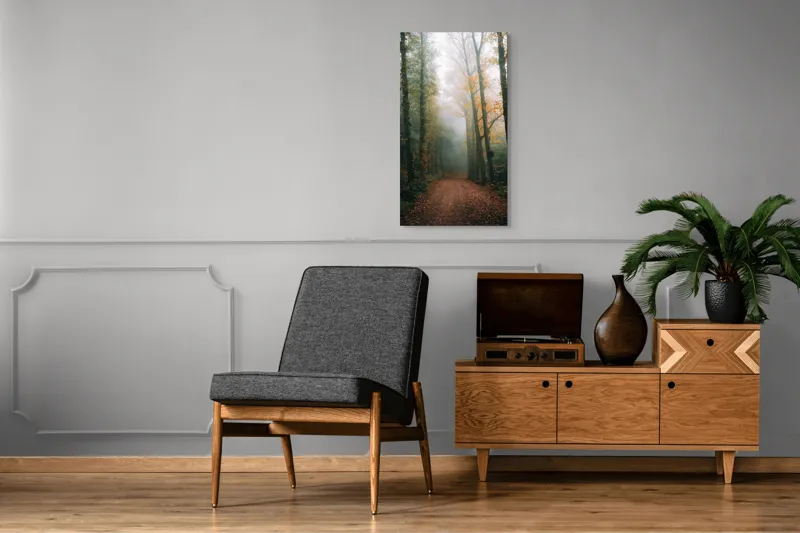 Tablou Canvas, "Cale de toamnă în pădurea ceață", Copaci, Ceață, Frunziș, Tăcere, Pădure, Toamnă, Mister, Potecă, Liniște, Natură, 50 x 90 cm – poza 8