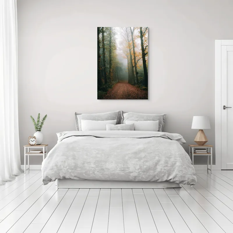 Tablou Canvas, "Cale de toamnă în pădurea ceață", Copaci, Ceață, Frunziș, Tăcere, Pădure, Toamnă, Mister, Potecă, Liniște, Natură, 70 x 100 cm – poza 3