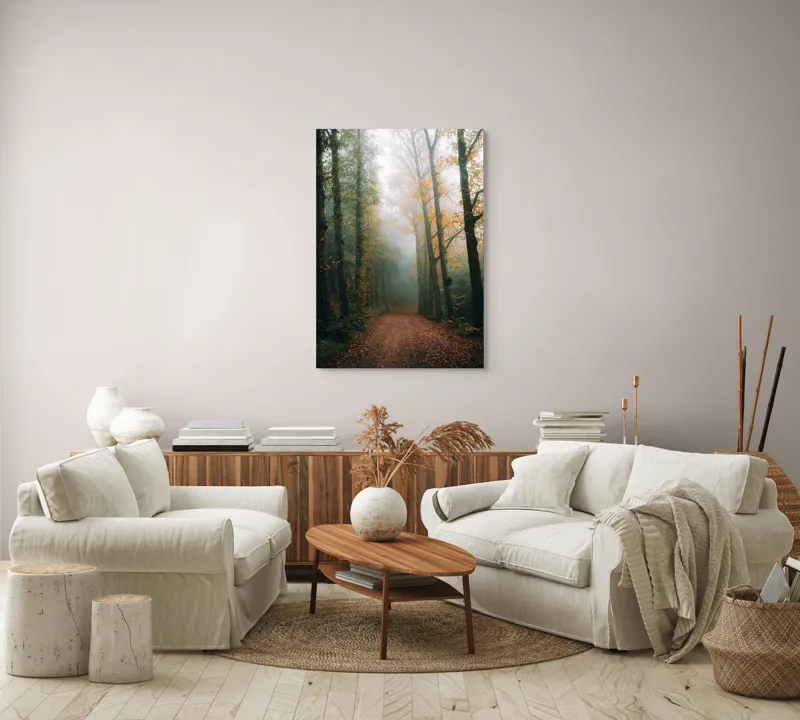 Tablou Canvas, "Cale de toamnă în pădurea ceață", Copaci, Ceață, Frunziș, Tăcere, Pădure, Toamnă, Mister, Potecă, Liniște, Natură, 70 x 100 cm – poza 4