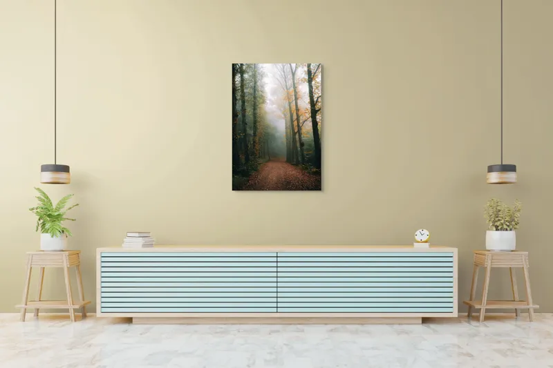 Tablou Canvas, "Cale de toamnă în pădurea ceață", Copaci, Ceață, Frunziș, Tăcere, Pădure, Toamnă, Mister, Potecă, Liniște, Natură, 70 x 100 cm – poza 5