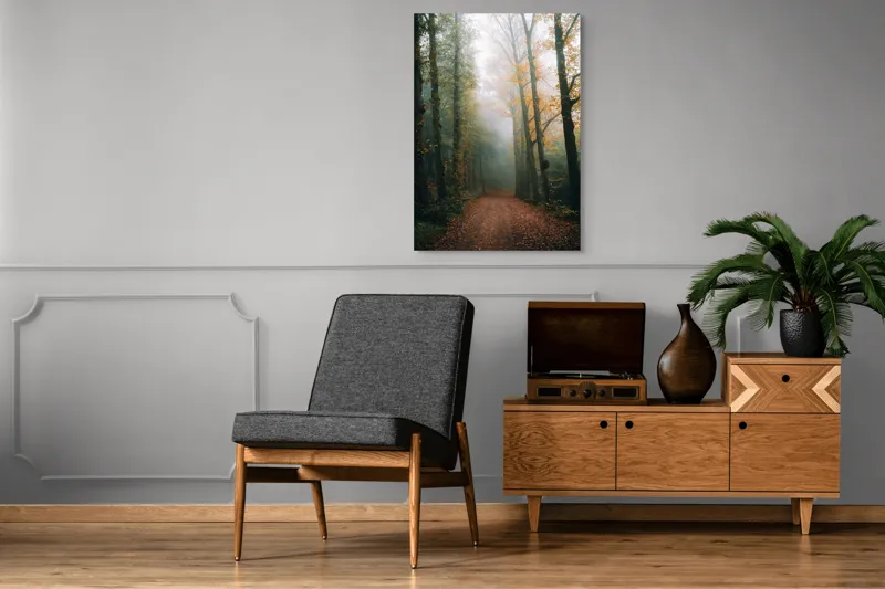 Tablou Canvas, "Cale de toamnă în pădurea ceață", Copaci, Ceață, Frunziș, Tăcere, Pădure, Toamnă, Mister, Potecă, Liniște, Natură, 70 x 100 cm – poza 6
