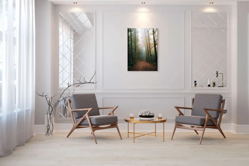Tablou Canvas, "Cale de toamnă în pădurea ceață", Copaci, Ceață, Frunziș, Tăcere, Pădure, Toamnă, Mister, Potecă, Liniște, Natură, 70 x 100 cm – poza 8
