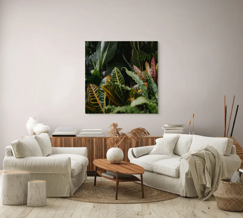 Tablou Canvas, "Diversitate de plante tropicale luxuriante", Frunze, Verde, Colorat, Natură, Dungi, Tropical, Vegetație, Luxuriant, Întunecat, Vibrant, 100 x 100 cm – poza 3