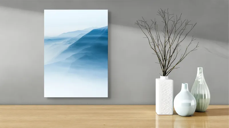 Tablou Canvas, "Munți învăluiți în ceață albastră", Ceață, Munți, Albastru, Linii, Calm, Răsărit, Mister, Profunzime, Tranquilitate, 39 x 54 cm – poza 4