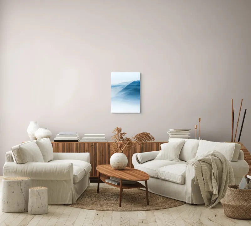 Tablou Canvas, "Munți învăluiți în ceață albastră", Ceață, Munți, Albastru, Linii, Calm, Răsărit, Mister, Profunzime, Tranquilitate, 39 x 54 cm – poza 5