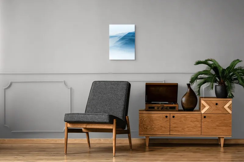 Tablou Canvas, "Munți învăluiți în ceață albastră", Ceață, Munți, Albastru, Linii, Calm, Răsărit, Mister, Profunzime, Tranquilitate, 39 x 54 cm – poza 8