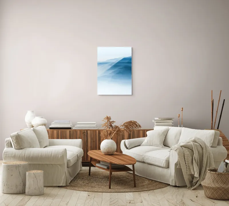 Tablou Canvas, "Munți învăluiți în ceață albastră", Ceață, Munți, Albastru, Linii, Calm, Răsărit, Mister, Profunzime, Tranquilitate, 50 x 70 cm – poza 4