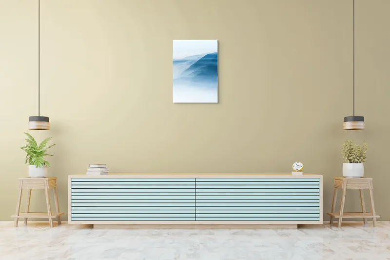 Tablou Canvas, "Munți învăluiți în ceață albastră", Ceață, Munți, Albastru, Linii, Calm, Răsărit, Mister, Profunzime, Tranquilitate, 50 x 70 cm – poza 6