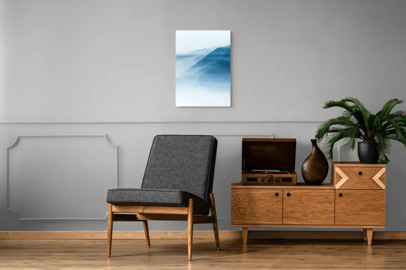 Tablou Canvas, "Munți învăluiți în ceață albastră", Ceață, Munți, Albastru, Linii, Calm, Răsărit, Mister, Profunzime, Tranquilitate, 50 x 70 cm – poza 8