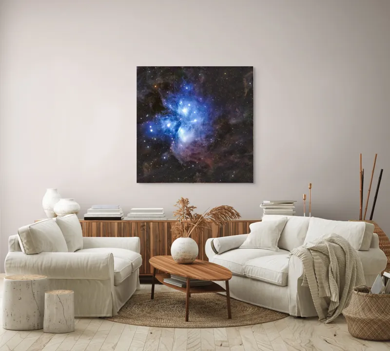 Tablou Canvas, "Luminile albastrul universului infinit", Stele, Nebuloasă, Albastru, Spațiu, Mister, Cosmos, Strălucire, Univers, Lumină, Frumusețe, 100 x 100 cm – poza 3