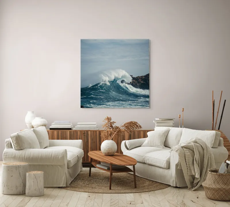 Tablou Canvas, "Valuri izbind stâncile înspumate", Vâlvătaie, Spumă, Stânci, Cer, Valuri, Ocean, Turcoaz, Putere, Natură, Furtună, 100 x 100 cm – poza 3