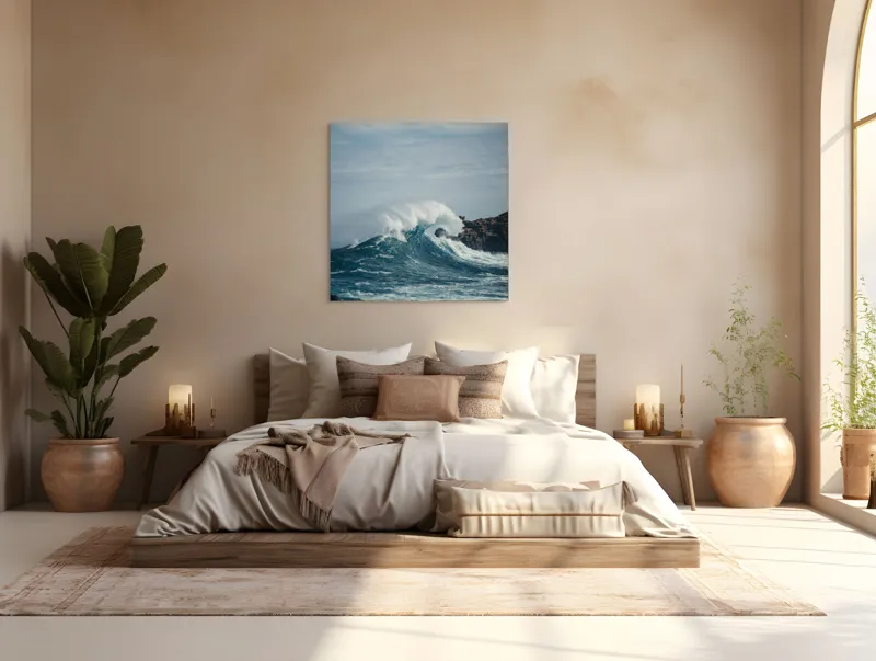 Tablou Canvas, "Valuri izbind stâncile înspumate", Vâlvătaie, Spumă, Stânci, Cer, Valuri, Ocean, Turcoaz, Putere, Natură, Furtună, 100 x 100 cm – poza 4