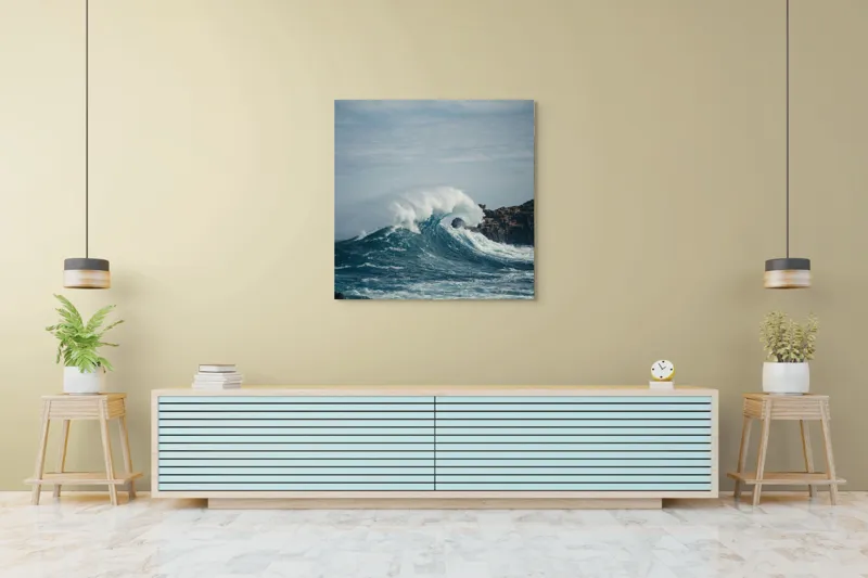 Tablou Canvas, "Valuri izbind stâncile înspumate", Vâlvătaie, Spumă, Stânci, Cer, Valuri, Ocean, Turcoaz, Putere, Natură, Furtună, 100 x 100 cm – poza 5