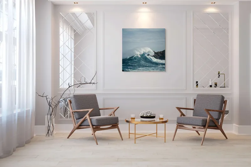 Tablou Canvas, "Valuri izbind stâncile înspumate", Vâlvătaie, Spumă, Stânci, Cer, Valuri, Ocean, Turcoaz, Putere, Natură, Furtună, 100 x 100 cm – poza 7