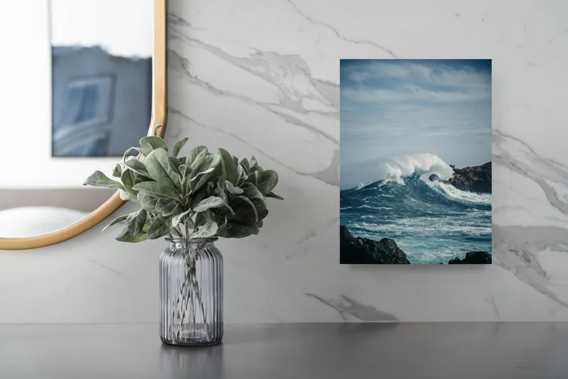 Tablou Canvas, "Valuri izbind stâncile înspumate", Vâlvătaie, Spumă, Stânci, Cer, Valuri, Ocean, Turcoaz, Putere, Natură, Furtună, 26 x 39 cm – poza 4