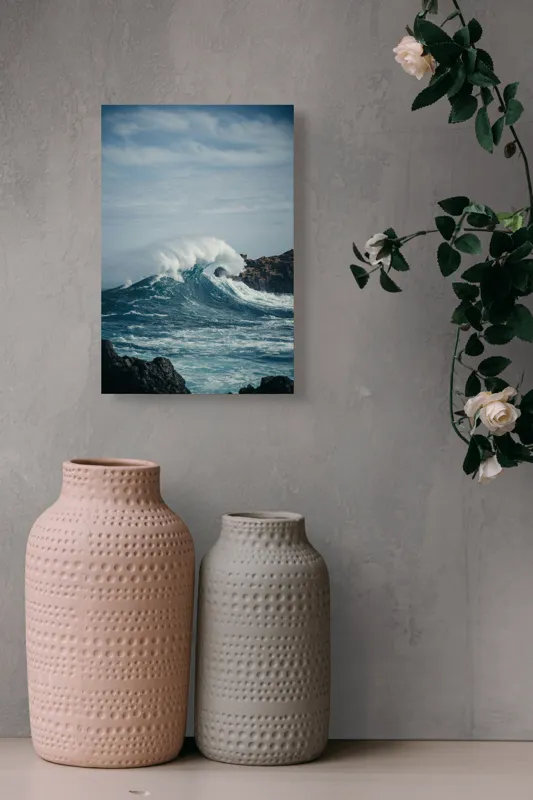 Tablou Canvas, "Valuri izbind stâncile înspumate", Vâlvătaie, Spumă, Stânci, Cer, Valuri, Ocean, Turcoaz, Putere, Natură, Furtună, 26 x 39 cm – poza 6