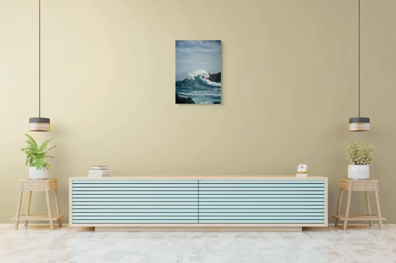Tablou Canvas, "Valuri izbind stâncile înspumate", Vâlvătaie, Spumă, Stânci, Cer, Valuri, Ocean, Turcoaz, Putere, Natură, Furtună, 50 x 70 cm – poza 6