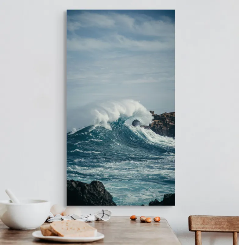 Tablou Canvas, "Valuri izbind stâncile înspumate", Vâlvătaie, Spumă, Stânci, Cer, Valuri, Ocean, Turcoaz, Putere, Natură, Furtună, 50 x 90 cm – poza 3